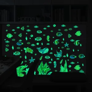 Glow in the dark ocean animals wall stickers, luminous marine life decals for kids room.