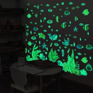 Glow in the dark underwater ocean animals wall stickers for kids room decor, luminous marine decals.