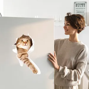3D torn wall cat wall sticker cute kitten decal for home refrigerator and room decor.