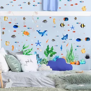 Waterproof marine animal wall stickers for kids room, ocean life wall decals with glowing design.