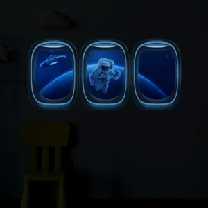 Stickers muraux fenêtre avion lumineux, astronaute espace autocollants fluorescents chambre enfant.
