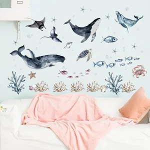 Watercolor marine animal wall stickers featuring cute whales and sea turtles for kids room decor.
