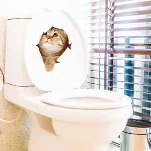 3D cat broken wall toilet sticker detail view, realistic bathroom decor decal, waterproof PVC.