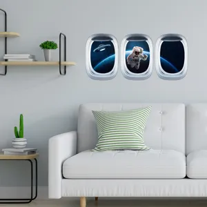 Autocollant mural hublot espace 3D astronaute planete calque deco chambre enfant PVC