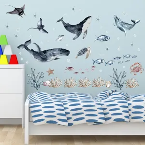 Marine animal wall stickers for kids room, watercolor whale and fish decals decor for bedroom.