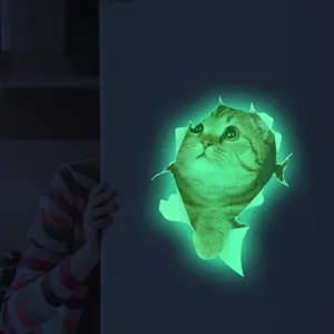 Glow in the dark 3D broken wall cat wall sticker for home decor and toilet decoration.