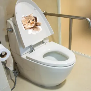 3D cat toilet sticker detail shot showing realistic peeking cat pattern for bathroom decor.