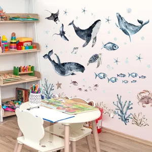 Ocean animal wall stickers for kids room, waterproof watercolor marine life decor decals.