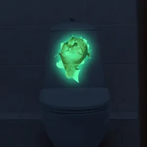 Glow in the dark 3D cat wall sticker detail showing the luminous effect on toilet cover.