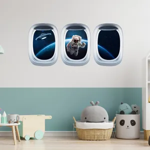 Adhésif mural hublot avion espace pour chambre enfant, astronaute lumineux sticker.