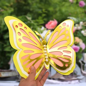 3D layered butterfly wall sticker with pearls, gold pink white paper decor for home wedding.