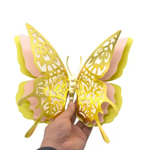 3D hollow butterfly wall sticker with pearls, four-layer pearlescent paper decor for weddings.