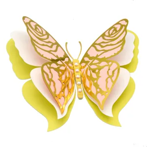 Close-up detail of a 3D layered hollow pearlescent paper butterfly wall sticker decoration.