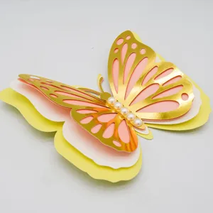 3D layered butterfly wall sticker with hollow gold design and pearls for wedding decor