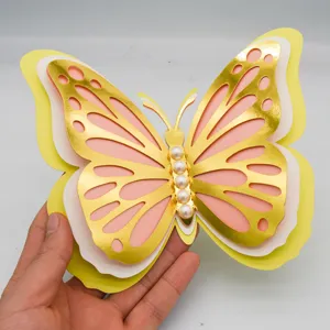 3D Hollow Butterfly Wall Sticker Pearl Gold Layered Wedding Party Home Decor