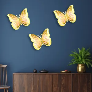 3D gold pink hollow butterfly wall stickers set for home decor, wedding and party styling.