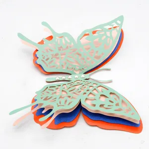 Close-up detail of 3D hollow butterfly wall sticker made of four-layer pearlescent paper.