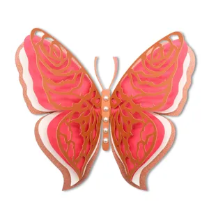 3D layered paper butterfly wall sticker close-up, pink and rose gold hollow design detail.