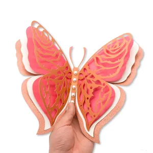 3D multi-layer hollow paper butterfly wall sticker, pink glitter wedding party decor.