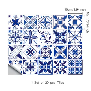 Blue and white retro tile stickers, set of 20 pieces, waterproof peel and stick wall decor.