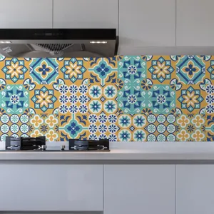 Adhesivo de azulejo marroquí vista detallada, papel pintado autoadhesivo vintage cocina.