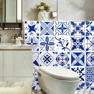 Blue and white tile stickers waterproof peel and stick wall decals for kitchen bathroom home decor