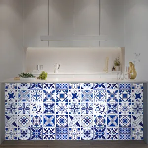 Blue and white tile stickers detail scene, featuring retro mosaic patterns for kitchen counter.