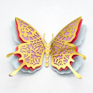 3D hollow butterfly wall sticker detail, multi-layer pearl paper craft decor for home.