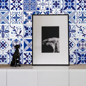 Blue and white mosaic tile stickers waterproof retro wall decor for kitchen bathroom DIY home.