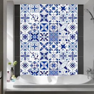 Blue white mosaic tile stickers detailed view in bathroom scene, retro vintage pattern DIY wall.