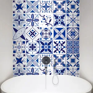 Blue and white retro tile stickers, waterproof peel and stick wall decals for bathroom decor.