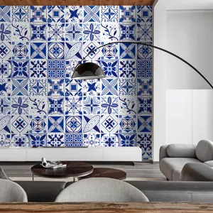 Blue and white porcelain tile sticker retro mosaic wall paper for home decor DIY renovation.