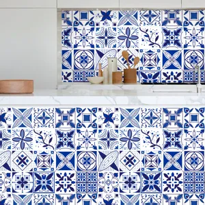 Retro Blue And White Porcelain Mosaic Tile Stickers Waterproof PVC Peel And Stick Wall Stickers For Kitchen Bathroom Home Decor DIY