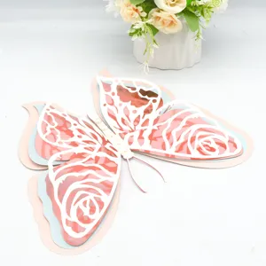 3D 4-layer hollow pearl paper butterfly detail, pink wall sticker for wedding holiday decor.