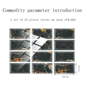 Self-adhesive crystal tile stickers 12pcs black gold marble wall decor size 20x10cm