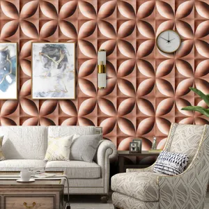 Vista di dettaglio della carta da parati geometrica 3D con motivo a petali in rame.