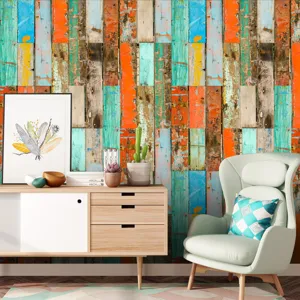 Carta da parati colorata con assi di legno invecchiate adesiva per decorazione