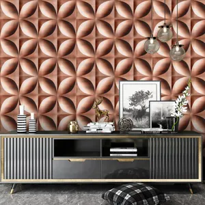 Vista dettagliata della carta da parati geometrica 3D goffrata in bronzo, ideale per arredo.