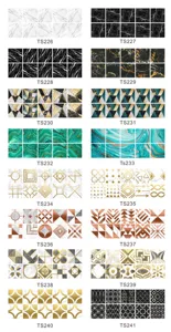 Detailed view of various marble and geometric pattern tile stickers showcasing diverse color options.