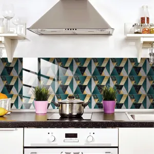 Geometric marble kitchen wall tile sticker, waterproof and oil-proof PVC decorative decal.