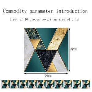 Detailed view of geometric marble tile sticker, waterproof wall decor piece 20x20cm size.