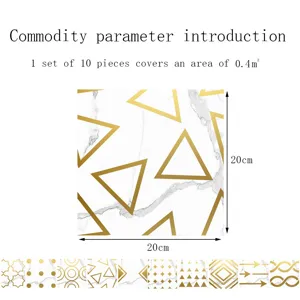 Crystal tile sticker detail showing 20x20cm size, geometric gold marble pattern, 10pcs set.