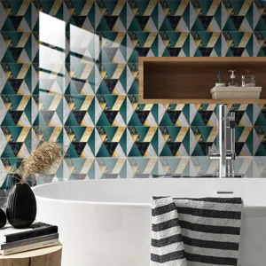 Modern geometric marble tile stickers waterproof self-adhesive wall stickers for bathroom decor.