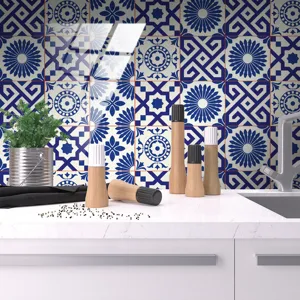 Adesivo per piastrelle blu e bianco pellicola cristallo impermeabile cucina decorazione muro.
