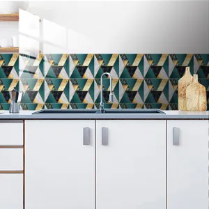 Geometric marble crystal tile sticker for kitchen wall decor, waterproof self-adhesive film.
