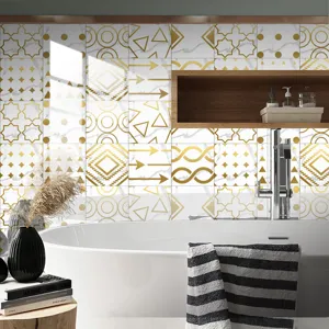 Detail view of modern marble and gold geometric wall tile stickers, waterproof decor for bathroom.