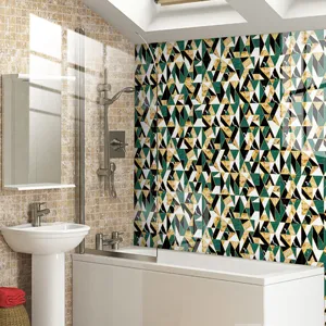 Modern geometric tile sticker scene detail showing waterproof wall decor application in bathroom.