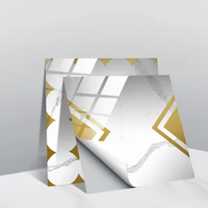 Waterproof crystal tile sticker with white marble texture and gold geometric patterns.