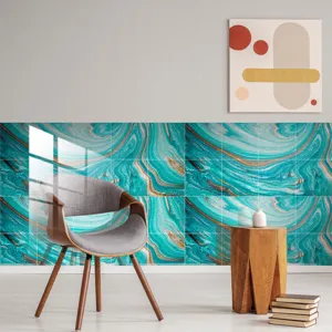 Detailed interior view showing teal marble crystal porcelain wall sticker in a modern room setup.