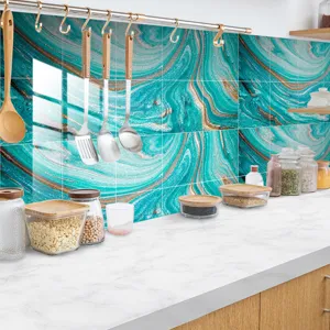 Teal marble kitchen tile sticker waterproof peel and stick wall film for home decor renovation.